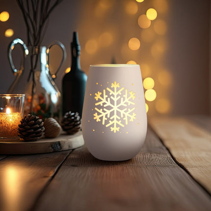 SEO. Deko Windlicht aus Glas mit Gravur - Schneeflocke - Weihnachtsdeko zum Verschenken - Weiß - Silber Linkreich