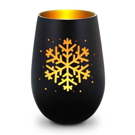 SEO. Deko Windlicht aus Glas mit Gravur - Schneeflocke - Weihnachtsdeko zum Verschenken - Schwarz - Gold Linkreich
