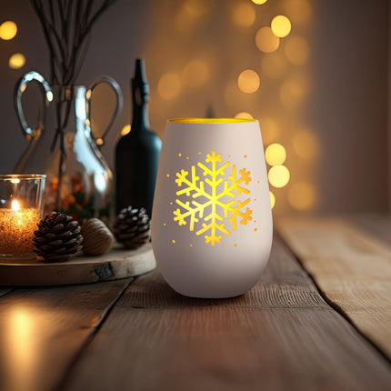 SEO. Deko Windlicht aus Glas mit Gravur - Schneeflocke - Weihnachtsdeko zum Verschenken - Weiß - Gold Linkreich