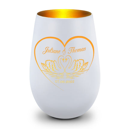 SEO. Deko Windlicht aus Glas mit Gravur - Schwanenherz - Personalisiert mit Namen & Datum - Weiß - Gold Linkreich