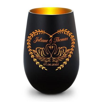SEO. Deko Windlicht aus Glas mit Gravur - Schwanenherz v2 - Personalisiert mit Namen & Datum - Schwarz - Gold Linkreich