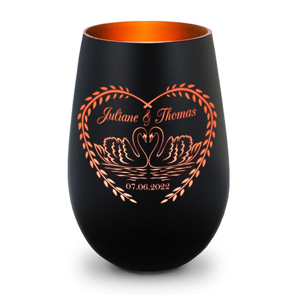 SEO. Deko Windlicht aus Glas mit Gravur - Schwanenherz v2 - Personalisiert mit Namen & Datum - Schwarz - Bronze Linkreich