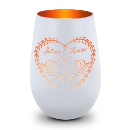 SEO. Deko Windlicht aus Glas mit Gravur - Schwanenherz v2 - Personalisiert mit Namen & Datum - Schwarz - Bronze Linkreich
