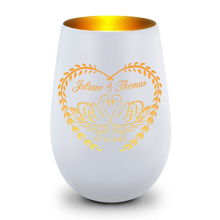 SEO. Deko Windlicht aus Glas mit Gravur - Schwanenherz v2 - Personalisiert mit Namen & Datum - Weiß - Bronze Linkreich