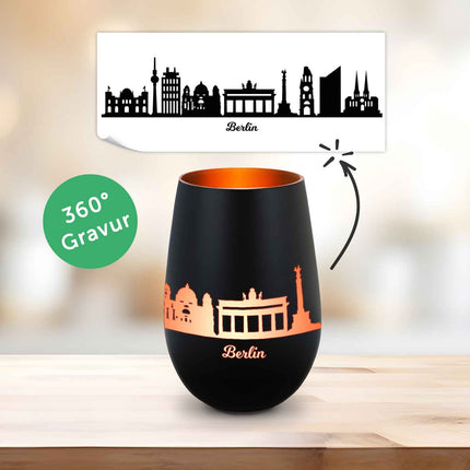 SEO. Deko Windlicht aus Glas mit Gravur - Skyline Berlin - Schwarz - Bronze Linkreich