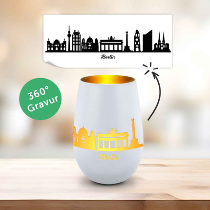 SEO. Deko Windlicht aus Glas mit Gravur - Skyline Berlin - Weiß - Gold Linkreich