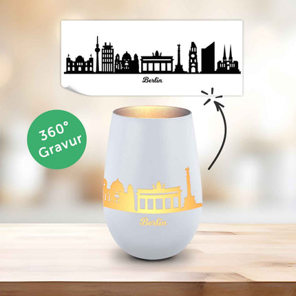SEO. Deko Windlicht aus Glas mit Gravur - Skyline Berlin - Weiß - Silber Linkreich