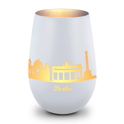 SEO. Deko Windlicht aus Glas mit Gravur - Skyline Berlin - Weiß - Gold Linkreich
