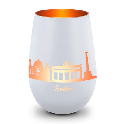 SEO. Deko Windlicht aus Glas mit Gravur - Skyline Berlin - Weiß - Bronze Linkreich