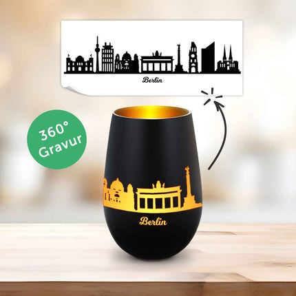 SEO. Deko Windlicht aus Glas mit Gravur - Skyline Berlin - Schwarz - Gold Linkreich