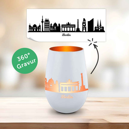 SEO. Deko Windlicht aus Glas mit Gravur - Skyline Berlin - Weiß - Bronze Linkreich