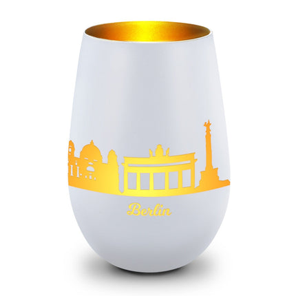 SEO. Deko Windlicht aus Glas mit Gravur - Skyline Berlin - Weiß - Gold Linkreich