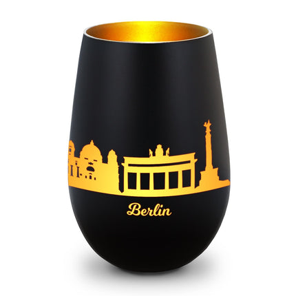 SEO. Deko Windlicht aus Glas mit Gravur - Skyline Berlin - Schwarz - Gold Linkreich