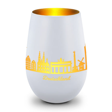 SEO. Deko Windlicht aus Glas mit Gravur - Skyline Deutschland - Weiß - Gold Linkreich
