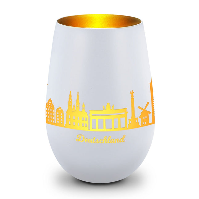SEO. Deko Windlicht aus Glas mit Gravur - Skyline Deutschland - Weiß - Gold Linkreich