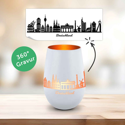SEO. Deko Windlicht aus Glas mit Gravur - Skyline Deutschland - Weiß - Bronze Linkreich