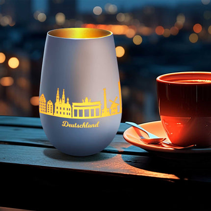 SEO. Deko Windlicht aus Glas mit Gravur - Skyline Deutschland - Weiß - Gold Linkreich