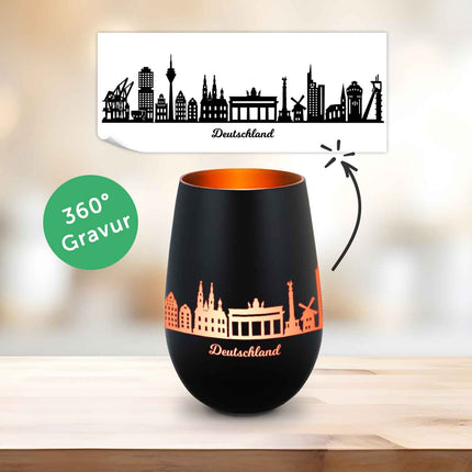 SEO. Deko Windlicht aus Glas mit Gravur - Skyline Deutschland - Schwarz - Bronze Linkreich