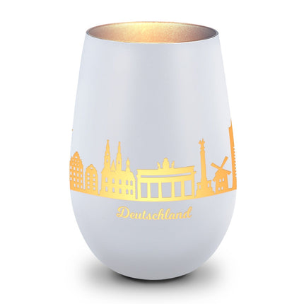 SEO. Deko Windlicht aus Glas mit Gravur - Skyline Deutschland - Weiß - Silber Linkreich