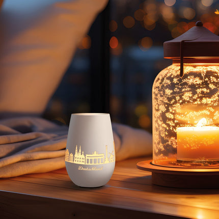 SEO. Deko Windlicht aus Glas mit Gravur - Skyline Deutschland - Weiß - Silber Linkreich