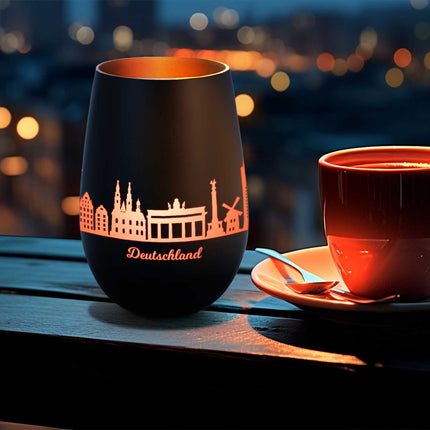 SEO. Deko Windlicht aus Glas mit Gravur - Skyline Deutschland - Schwarz - Gold Linkreich