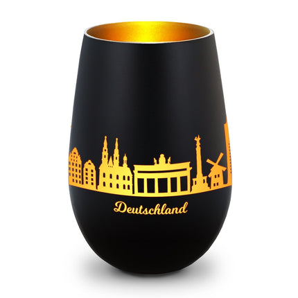 SEO. Deko Windlicht aus Glas mit Gravur - Skyline Deutschland - Schwarz - Gold Linkreich