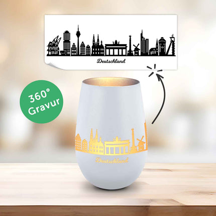 SEO. Deko Windlicht aus Glas mit Gravur - Skyline Deutschland - Weiß - Silber Linkreich
