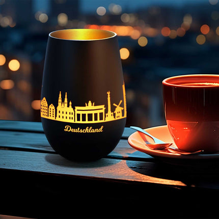 SEO. Deko Windlicht aus Glas mit Gravur - Skyline Deutschland - Schwarz - Gold Linkreich