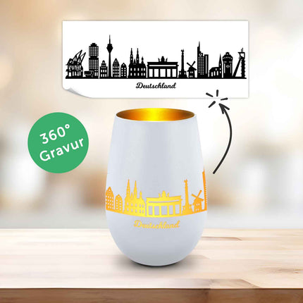 SEO. Deko Windlicht aus Glas mit Gravur - Skyline Deutschland - Weiß - Gold Linkreich