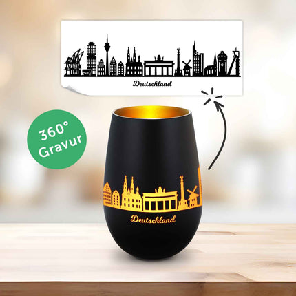SEO. Deko Windlicht aus Glas mit Gravur - Skyline Deutschland - Schwarz - Gold Linkreich