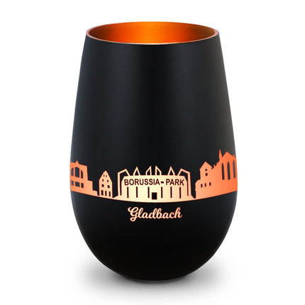 SEO. Deko Windlicht aus Glas mit Gravur - Skyline Gladbach - Schwarz - Bronze Linkreich