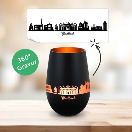 SEO. Deko Windlicht aus Glas mit Gravur - Skyline Gladbach - Schwarz - Bronze Linkreich