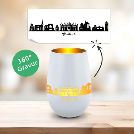 SEO. Deko Windlicht aus Glas mit Gravur - Skyline Gladbach - Weiß - Gold Linkreich