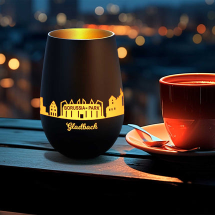 SEO. Deko Windlicht aus Glas mit Gravur - Skyline Gladbach - Schwarz - Gold Linkreich