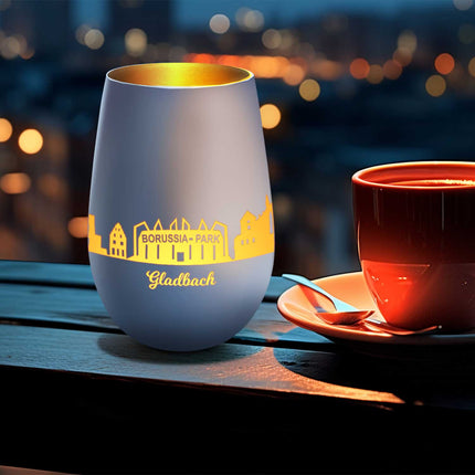 SEO. Deko Windlicht aus Glas mit Gravur - Skyline Gladbach - Weiß - Gold Linkreich