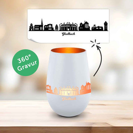 SEO. Deko Windlicht aus Glas mit Gravur - Skyline Gladbach - Weiß - Bronze Linkreich