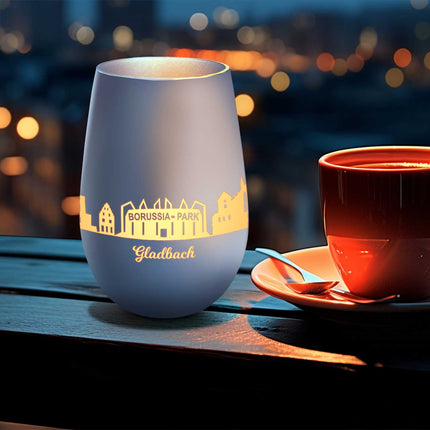 SEO. Deko Windlicht aus Glas mit Gravur - Skyline Gladbach - Weiß - Silber Linkreich