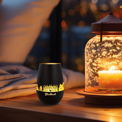 SEO. Deko Windlicht aus Glas mit Gravur - Skyline Gladbach - Schwarz - Gold Linkreich