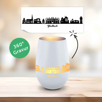 SEO. Deko Windlicht aus Glas mit Gravur - Skyline Gladbach - Weiß - Silber Linkreich