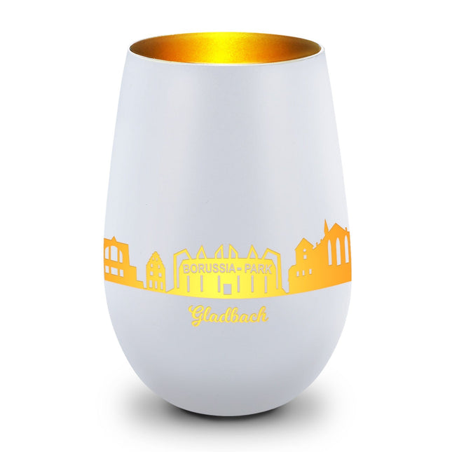 SEO. Deko Windlicht aus Glas mit Gravur - Skyline Gladbach - Weiß - Gold Linkreich