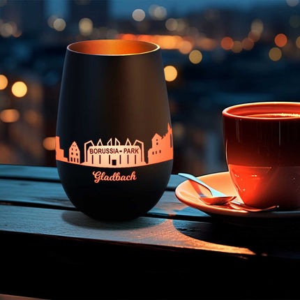 SEO. Deko Windlicht aus Glas mit Gravur - Skyline Gladbach - Schwarz - Gold Linkreich