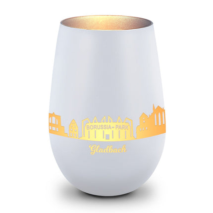 SEO. Deko Windlicht aus Glas mit Gravur - Skyline Gladbach - Weiß - Silber Linkreich