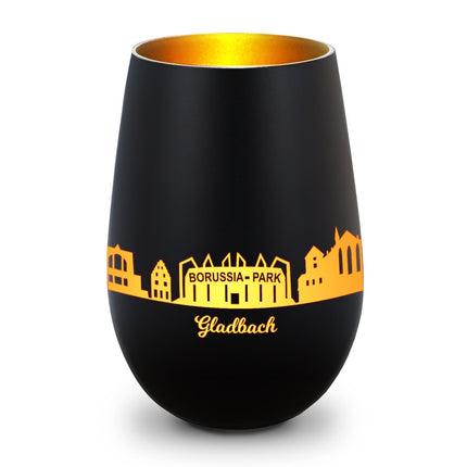 SEO. Deko Windlicht aus Glas mit Gravur - Skyline Gladbach - Schwarz - Gold Linkreich