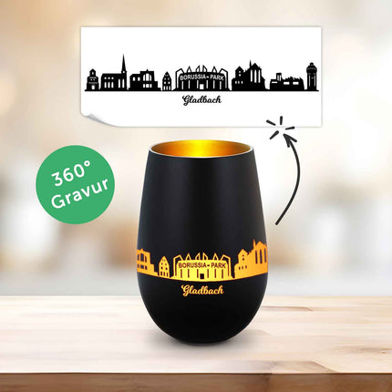 SEO. Deko Windlicht aus Glas mit Gravur - Skyline Gladbach - Schwarz - Gold Linkreich