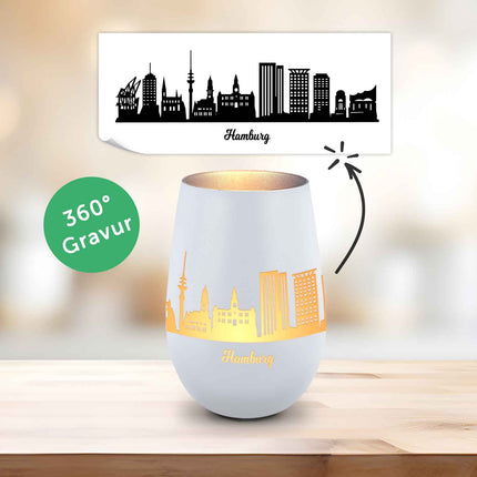SEO. Deko Windlicht aus Glas mit Gravur - Skyline Hamburg - Weiß - Silber Linkreich