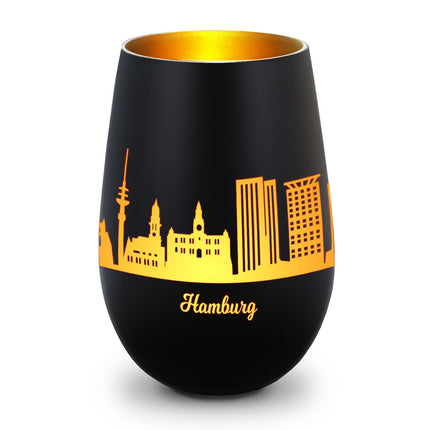 SEO. Deko Windlicht aus Glas mit Gravur - Skyline Hamburg - Schwarz - Gold Linkreich