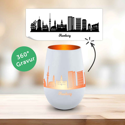 SEO. Deko Windlicht aus Glas mit Gravur - Skyline Hamburg - Weiß - Bronze Linkreich