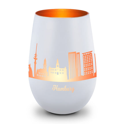 SEO. Deko Windlicht aus Glas mit Gravur - Skyline Hamburg - Weiß - Bronze Linkreich