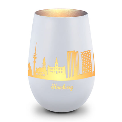 SEO. Deko Windlicht aus Glas mit Gravur - Skyline Hamburg - Weiß - Silber Linkreich