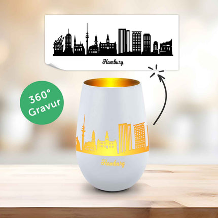 SEO. Deko Windlicht aus Glas mit Gravur - Skyline Hamburg - Weiß - Gold Linkreich
